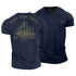 Navy blue t-shirt with graphic design and text on a white background